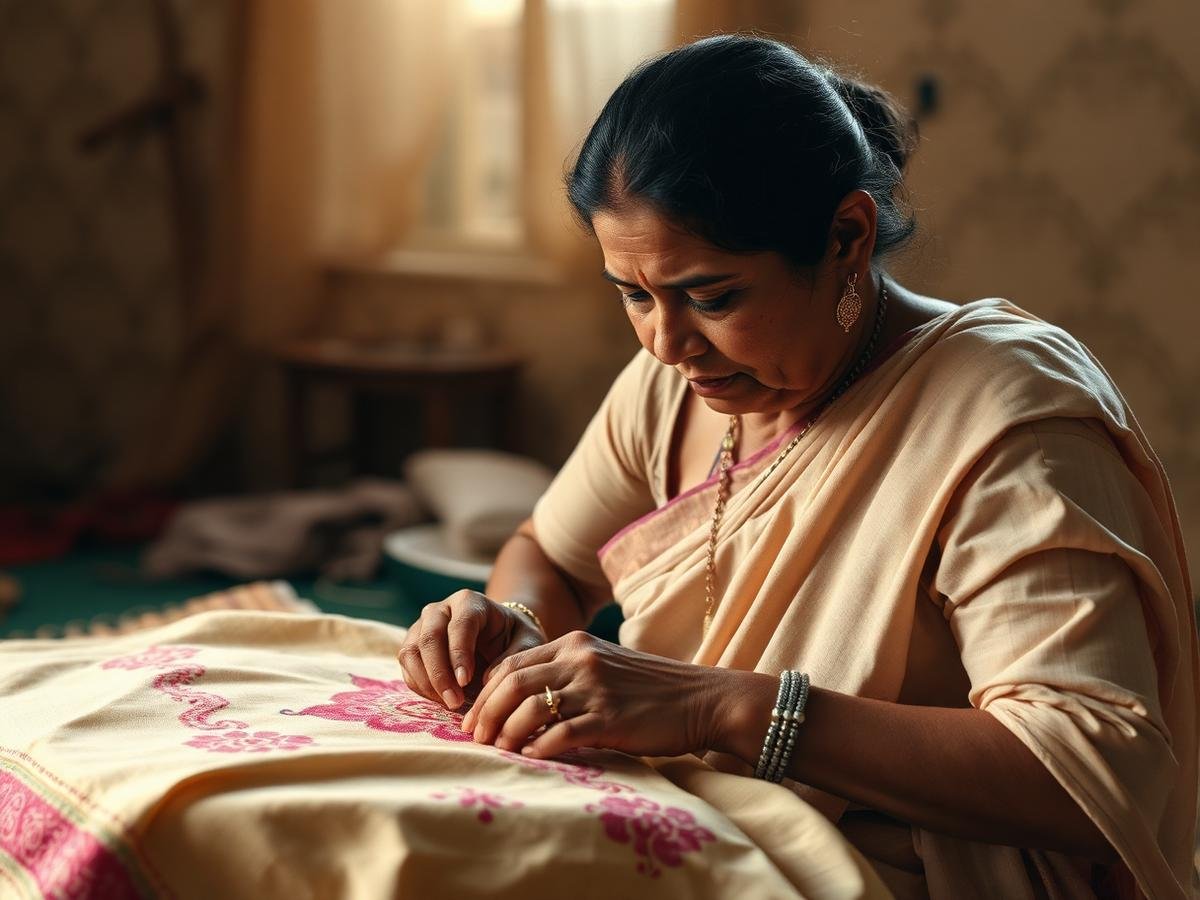 An artisan hand embroidering fabric in soft daylight